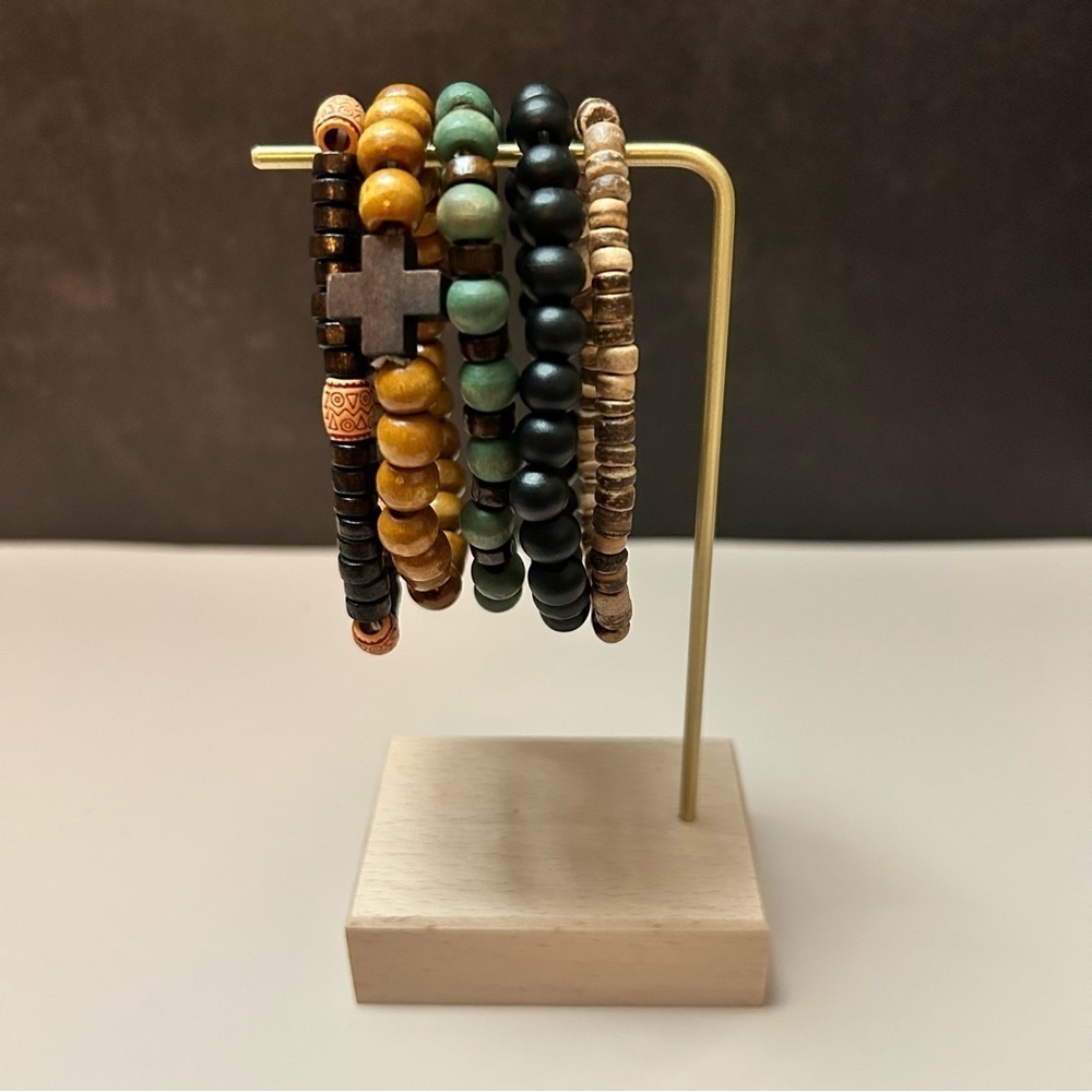 5 Piece Brown Green Black Beaded Bracelet Set